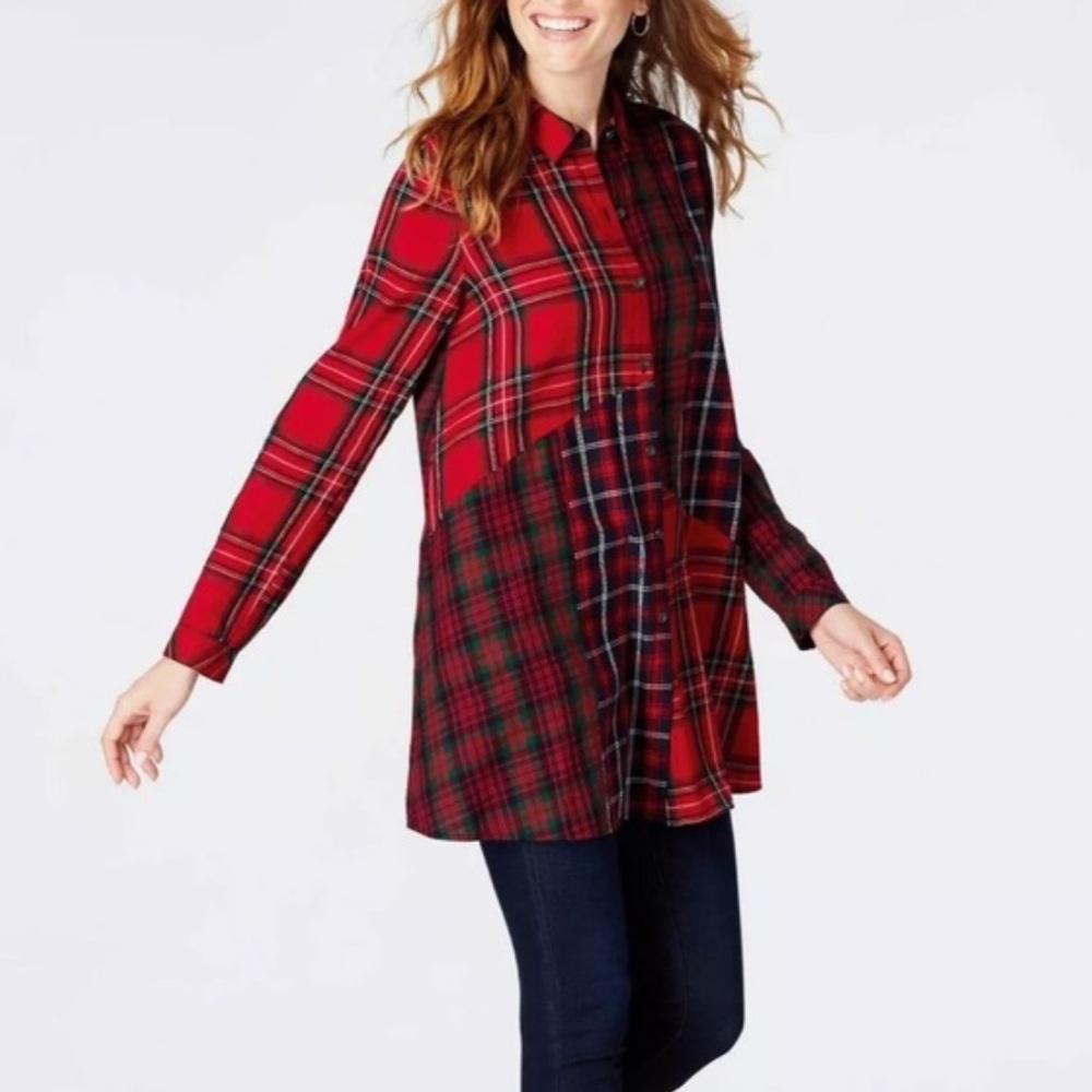 J. Jill | Women’s Red Patchwork Plaid Long Sleeve A-Line Button Down Shirt Sz MP